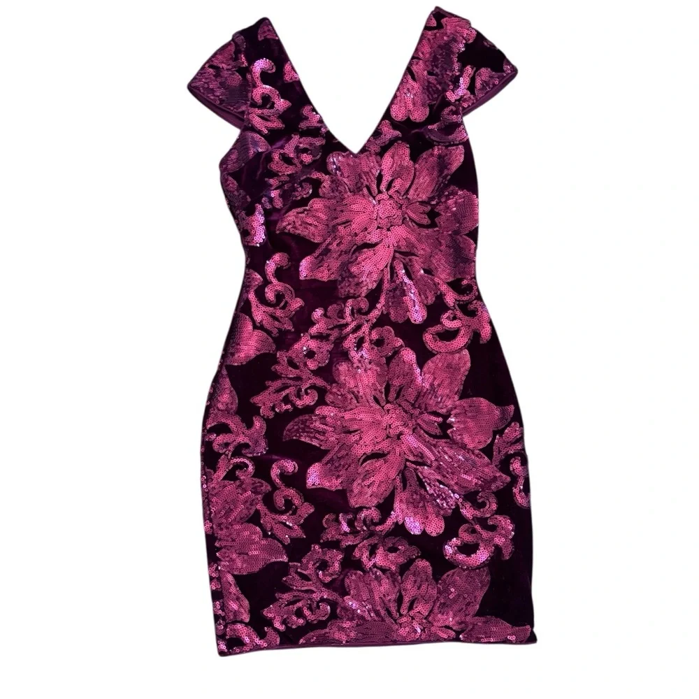 Guess Burgundy Velvet Sequin Mini Evening Dress Size 4 - Picture 3 of 17
